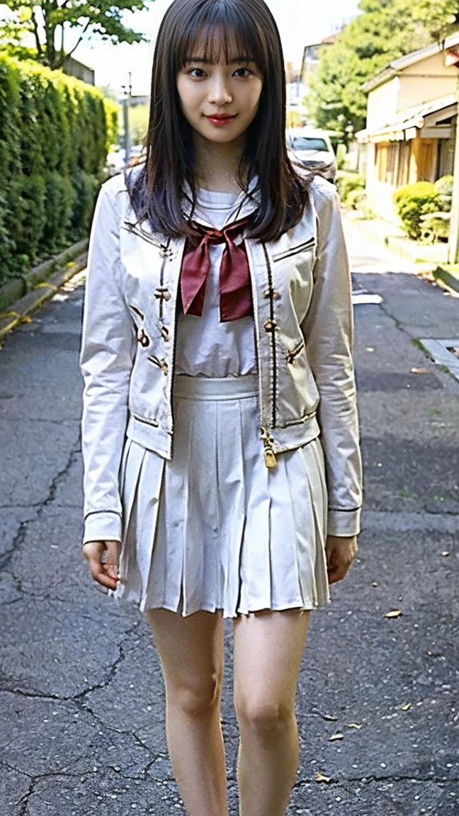 Japanese beautiful girl、18-year-old high school student、Small breasts、Beautiful cherry-colored areola、Erect nipples、Narrow waist、Shaved, Looking down,A revealing sailor suit 、She has her clothes open and her breasts exposed、Her clothes are open, exposing her breasts、Short pleated skirt, 片feetで立つ, kick, feet,how, No underwear, Striped pussy