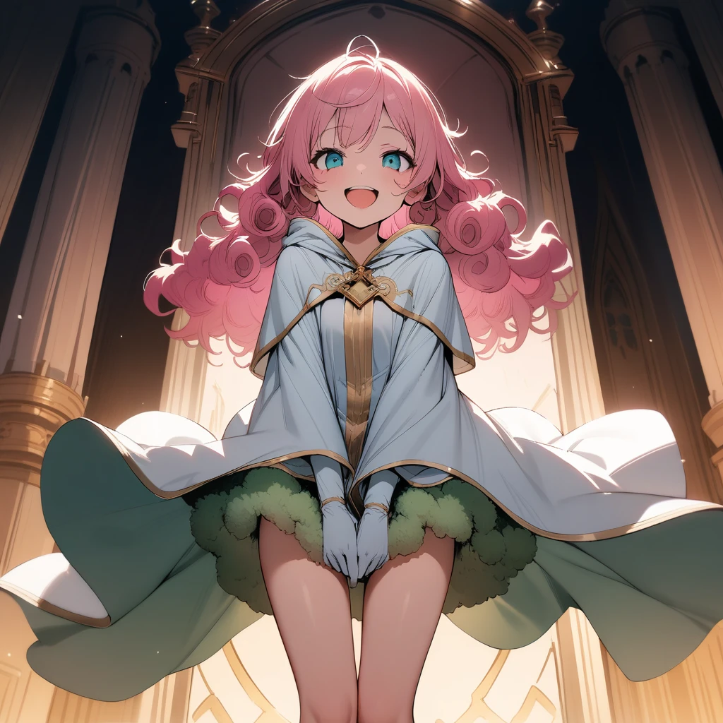 (masterpiece),(best quality),very aesthetic,(ultra-detailed),(illustration),nsfw,1girl,18yo,slender,pink hair,curly hair,(Hair is frizzy upward),short hair,disheveled hair,aqua blue eyes,smile,open mouth,happy,humble,white wizard robe,white glove,light green fluffy skirt,Cloak fastened with gold ornamental buckle in front,white wizard cloak with gold trimmed,standing,Standing next to throne,castle,arms between legs,Fluffy gray boots,cowboy shot