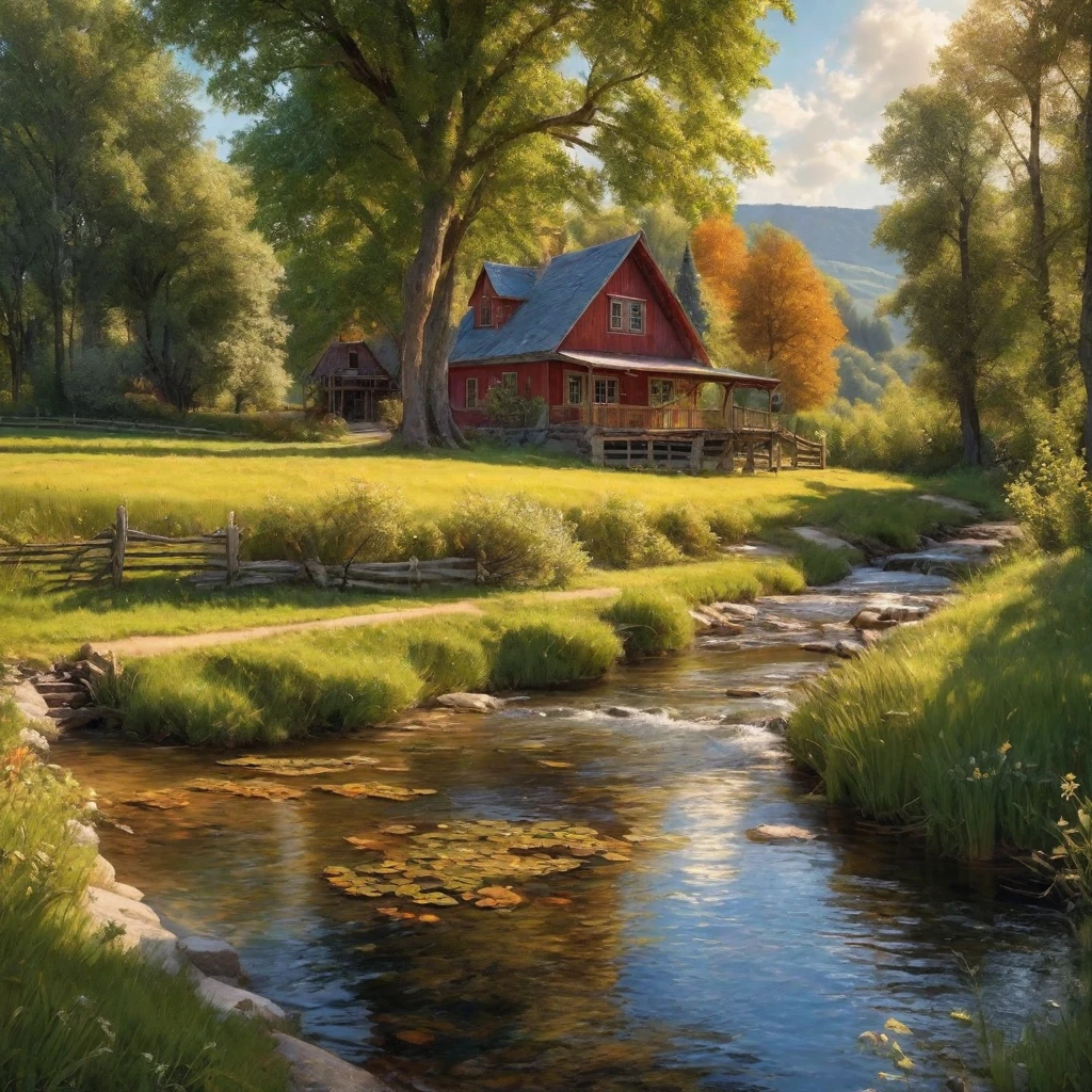 an idyllically tranquil rural scene, the vibrant colors of a sunny day, hyper realistic, volumetric light, an impressive masterpiece, fine details, (masterpiece:1.2), best quality