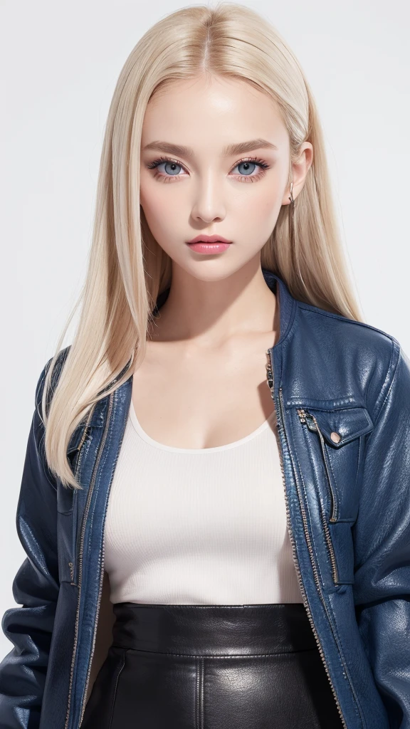 (((open jacket、mini skirt、White background、Cowboy Shot、forehead)))、forehead、Northern Europe、Russia、beautiful girl、Platinum Blonde Hair、Straight long hair、Big blue eyes、Northern Europeの若者、Glowing Skin、Young and beautiful skin、A perfect and beautiful little face、Bright makeup、Pale pink lips、Bright expression、lipstick、Golden Hour Lighting、Movie Light、Intricate details、High resolution、 Detailed features of the face design、Big Breasts