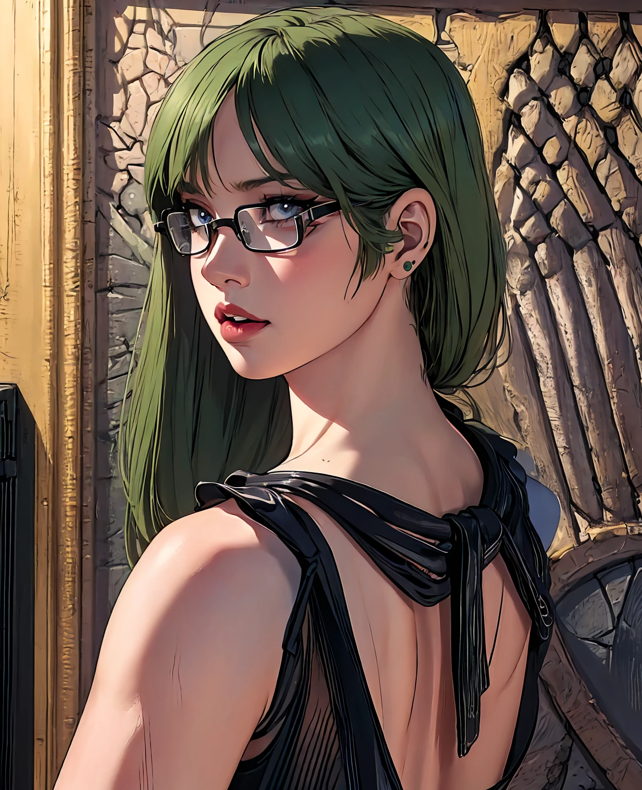 lalisa, sexy, green hair, bathroom, glasses, black eyes, beautiful detailed eyes, beautiful detailed lips, extremely detailed eyes and face, long eyelashes, beautiful woman, sensual pose, wet hair, water droplets, steam, bright lighting, (best quality,4k,8k,highres,masterpiece:1.2),ultra-detailed,(realistic,photorealistic,photo-realistic:1.37),HDR,UHD,studio lighting,ultra-fine painting,sharp focus,physically-based rendering,extreme detail description,professional,vivid colors,bokeh,photography