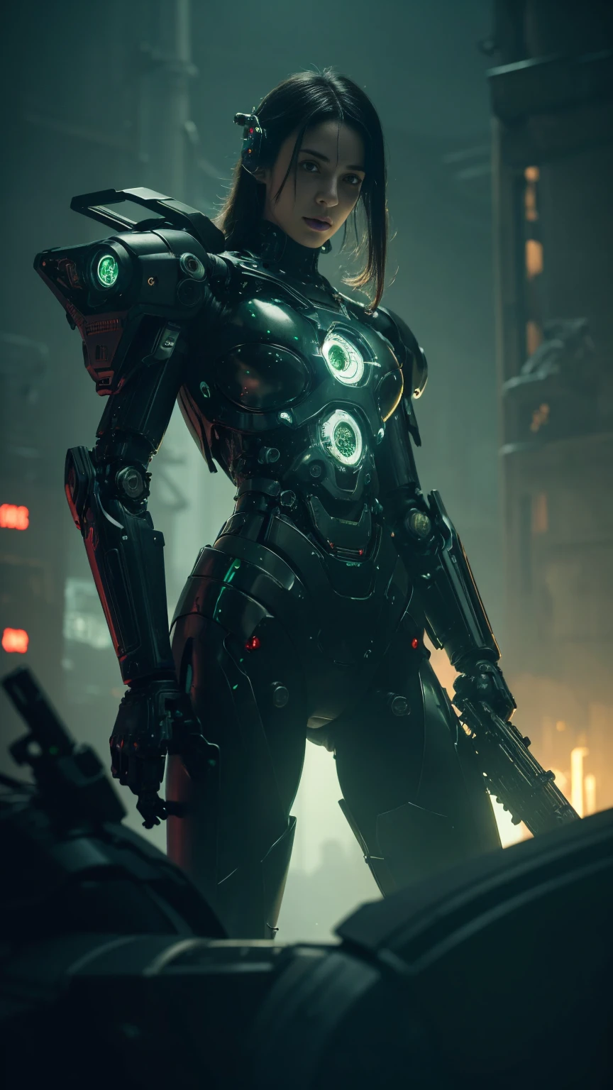 a dark fantasy cyberpunk scene, 1 person, mechanical wonders, robotic presence, cybernetic guardian, (gun:1.1), hyperdetailed, cinematic lighting, moody atmosphere, green tones, intricate details, dramatic composition, photorealistic, 8k, complex background