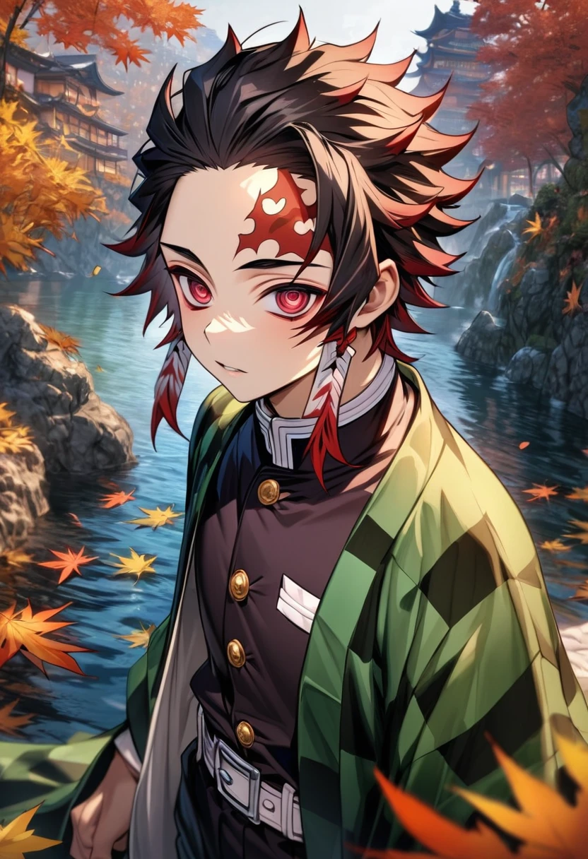 Ultra detailed, highres, absurdres, HDR, master piece, Kamado Tanjirou, ruffled black hair with burgundy tips, expressive dark red eyes, Kimetsu No Yaiba, water, autumn, petals, orange and yellow leaves, sexy man, solo, handsome, demon slayer uniform, green haori, best quality, red mark on his forehead