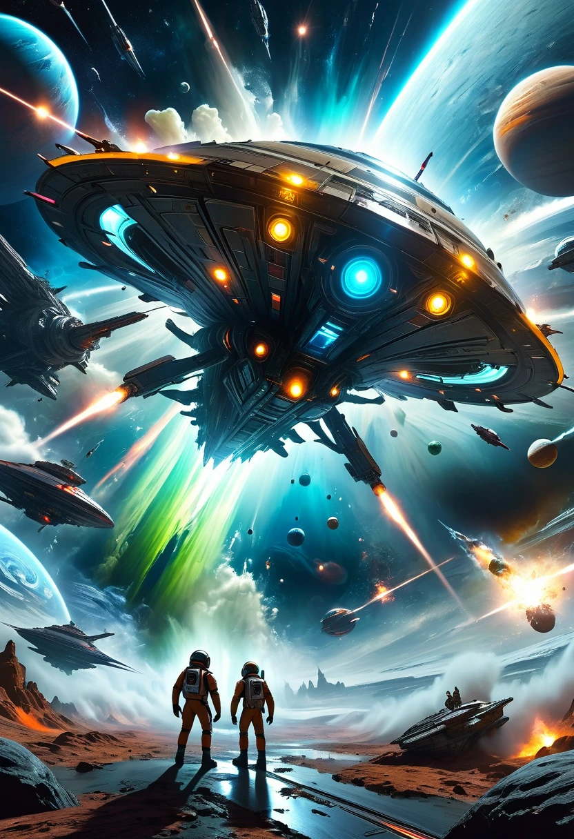 An intense futuristic space battle between astronauts and alien alien spaceship, UFO,Have a giant planet, Rotating cosmic energy, Advanced Alien Technology, Glowing spaceship, Explosive Action, Dramatic Lighting, Complex mechanical design, Realistic textures, Volumetric Fog, Photographic angle, vibrant color palette, and a sense of epic scale and grandeur