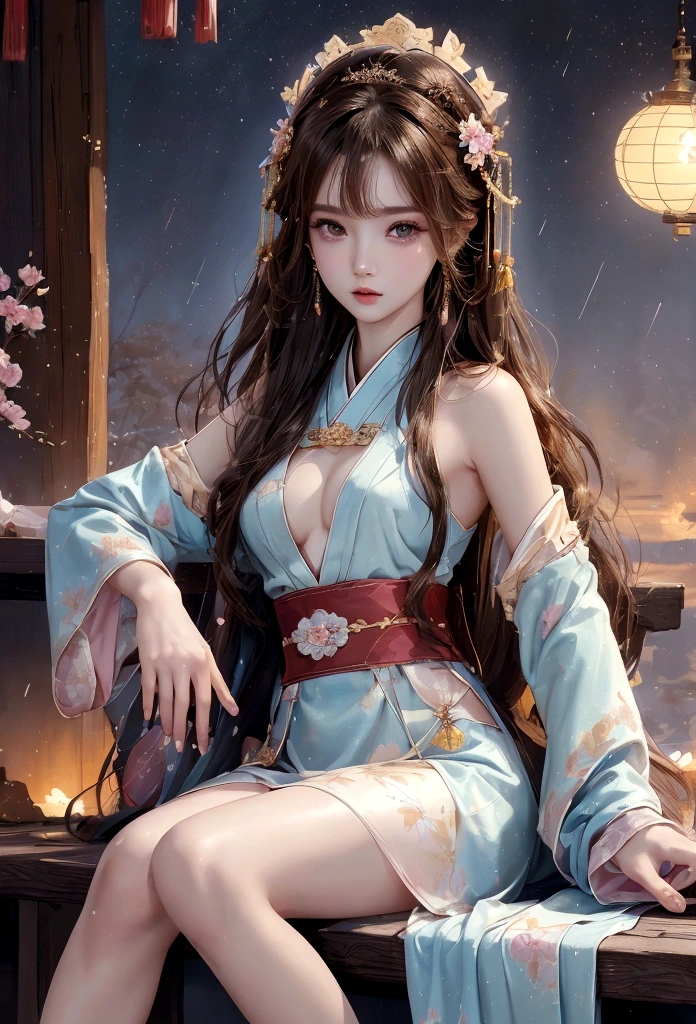 Best image quality、、masterpiece：1.3))、Realistic high-quality photos、Highest quality、Beautiful Japanese Girl、Photos of slim models、Beautiful girl model、Beautiful model girl、A lovely and delicate face、Brown Hair、Beautiful brown eyes、Young Body、Exposed thighs、Small breasts、Sitting pose、(Finely scattered splashes of color), (figure),(((1 Girl))),(Long Hair),(rain:0.9), (Headdress: 1.4), There is an ancient palace next to the girl., Hanfu, (emphasize),  ink painting, (Spattered colors), Spattered colors, (((colorful))), (sketch: 0.8), Tabletop, Highest quality, Beautifully drawn, verydetailedな,(Noise Reduction:0.6),[Splash Ink],((Ink Refraction)), (美しくdetailedな空),moon,very,detailed,(Tabletop, Highest quality, verydetailedな)