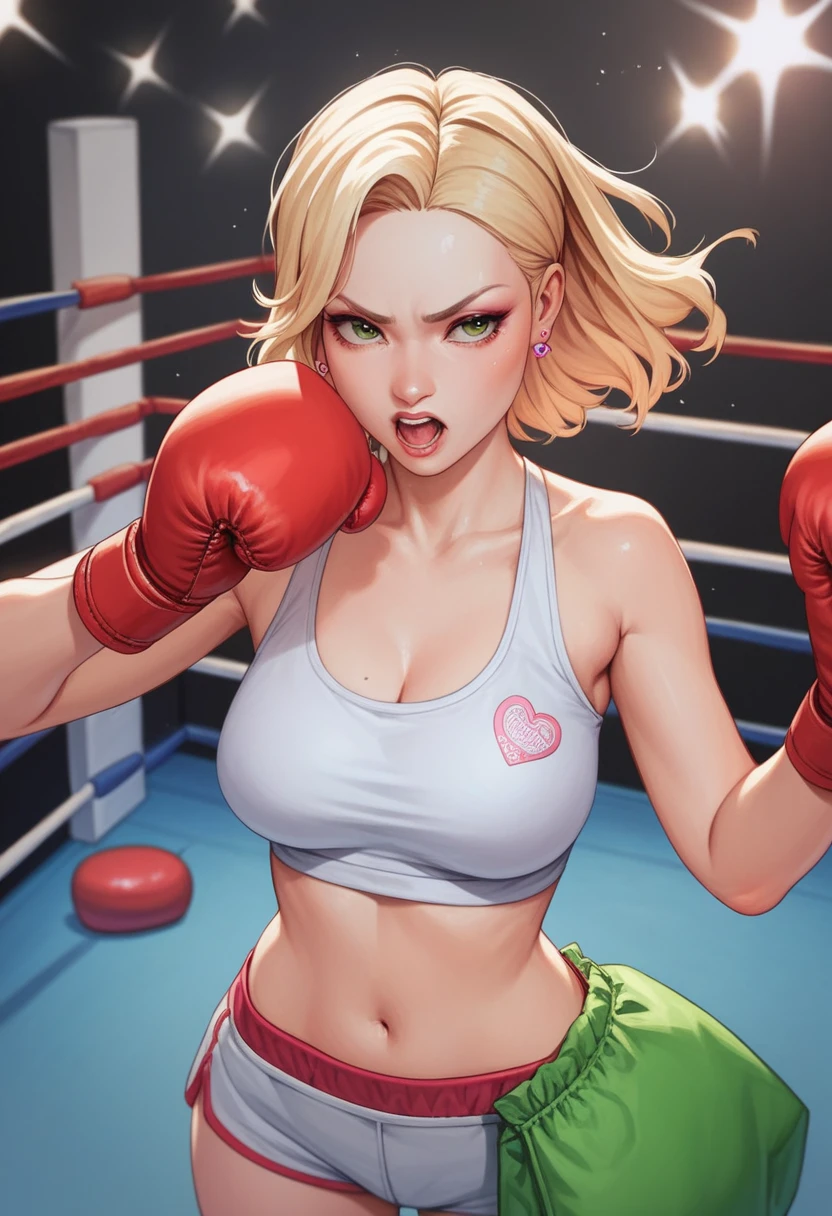 Korean beauty model，Pretty face，Very good figure，Fair skin，Scandalous clothing，Boxing ring，Punching the sandbag