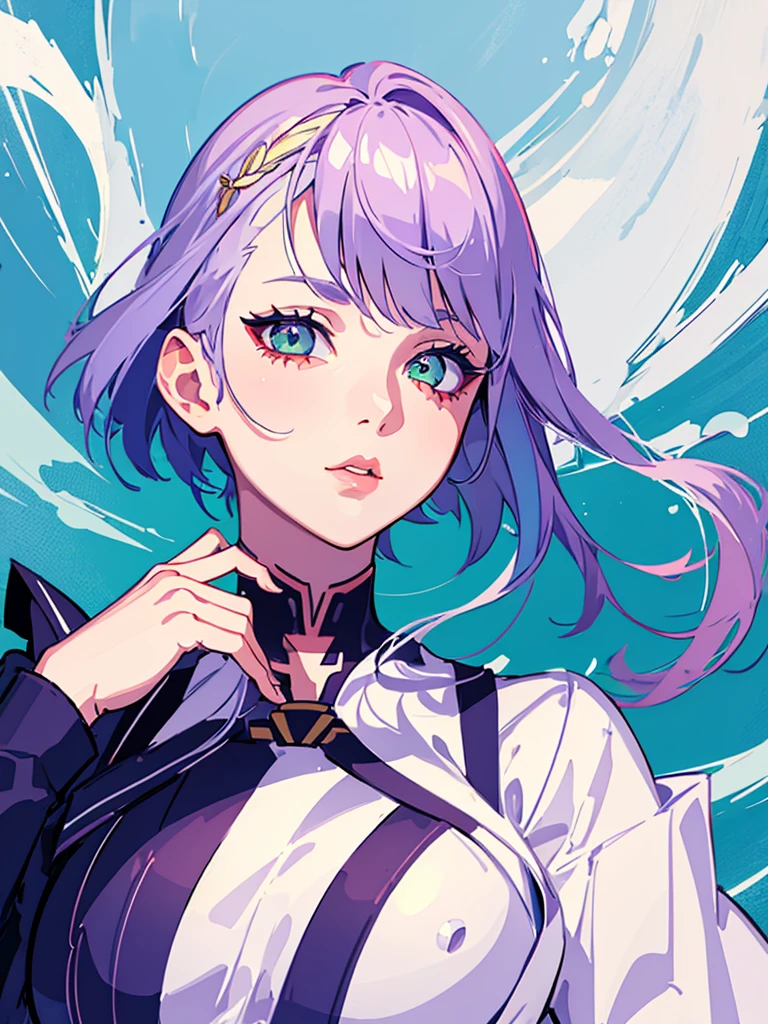 1girl,realistic,short hair,green eyes,empty eyes,purple hair,gigantic breast, uniform,sailor suit,skirt,extremely detailed eyes and face,longeyelashes,beautiful detailed lips,masterpiece,upper body,blue background,lucy