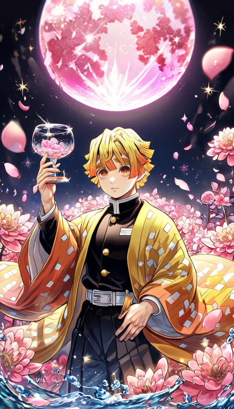 absurdres, highres, ultra detailed, HDR, master piece, best quality, extremely detailed, Agatsuma Zenitsu, yellow hair, expressive brown golden eyes, Kimetsu No Yaiba, solo, sexy man, handsome, yellow haori, demon slayer uniform, magical, fantasy, glittering, sparkling, glass, pink flowers, pink petals, water, pink moon