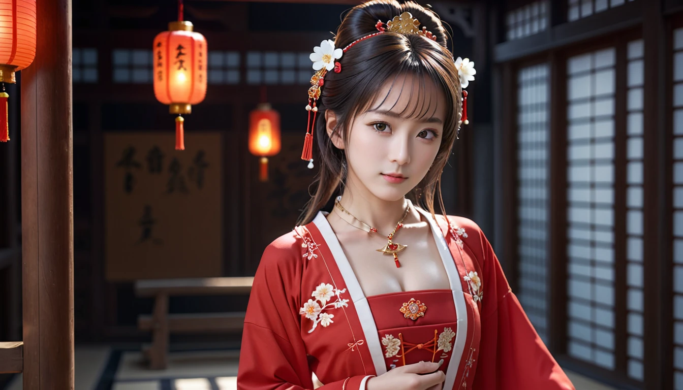 best quality, masterpiece, 1 Japanese idol girl, chinese hanfu,Chinese architect background, red scarf, headdress,necklace, bijouterie,beautiful face,...to_body, Tyndall effect,realistic, dark studio, rim lights, two tone lighting,(highly detailed skin:1.2), 8K uhd, dslr, soft lighting, high quality, volumetric lighting, candid, picture, high resolution, 4K, 8K, bokeh,Girl in a red dress