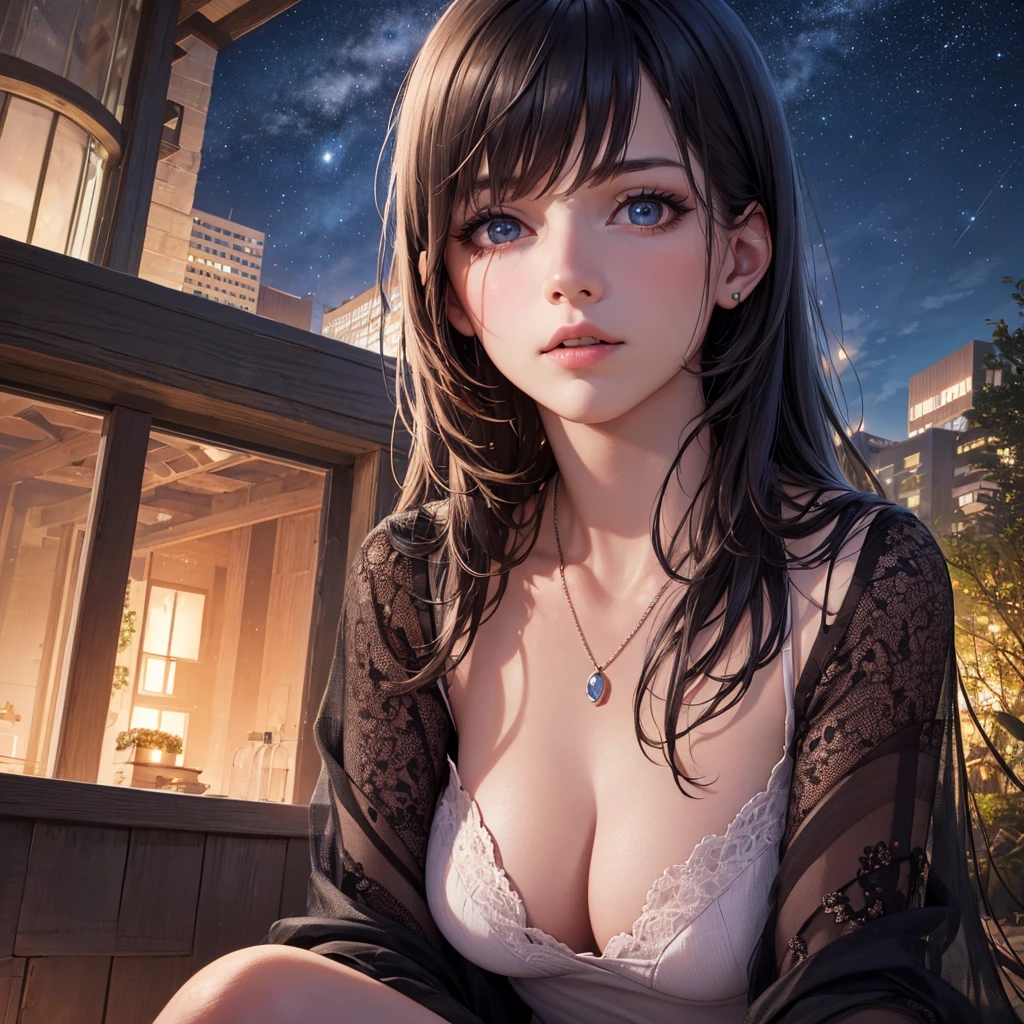 a detailed portrait of a girl sitting outdoors at night, looking up at the starry sky with the milky way, surrounded by a night cityscape with buildings silhouetted against the night sky, long hair, (best quality,4k,8k,highres,masterpiece:1.2),ultra-detailed,(realistic,photorealistic,photo-realistic:1.37),extremely detailed eyes and face,beautiful detailed eyes,beautiful detailed lips,longeyelashes,octans,sky,stars,scenery,starry night,night,1girl,night sky,solo,outdoors,building,cloud,milky way,sitting,tree,city,cityscape. Deep neckline.