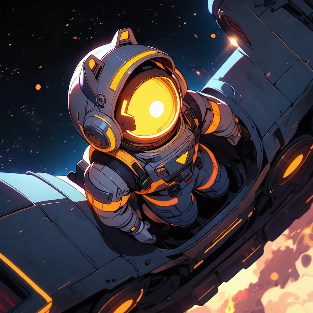 (well done: 1) white female spacesuit with blue and yellow details with helmet, slightly torn blue jacket on top. sitting on top of a space base.