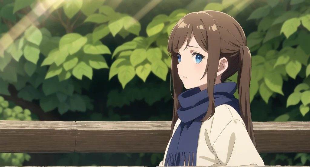 8K, best quality, masterpiece, (ultra-detailed:1.1), (high detailed skin),white background, standing, looking at viewer, 独奏, hand on hip,
fll, twintails, 1girl,Brown long hair,blue eyes,rl,Short height,Dark blue windbreaker,Flowing scarf,avatar,sad,Flip hair,Profile,blur background,((Brown hair)),Sunlight,Garden green leaves background,(((individual))),Sitting on a bench with beautiful lighting,Character edge light and shadow,Super photography,Superb atmosphere
( good hands, nice hands:0.5),
(beautiful_face), ((intricate_detail)), clear face,
((finely_detailed)), fine_fabric_emphasis,
