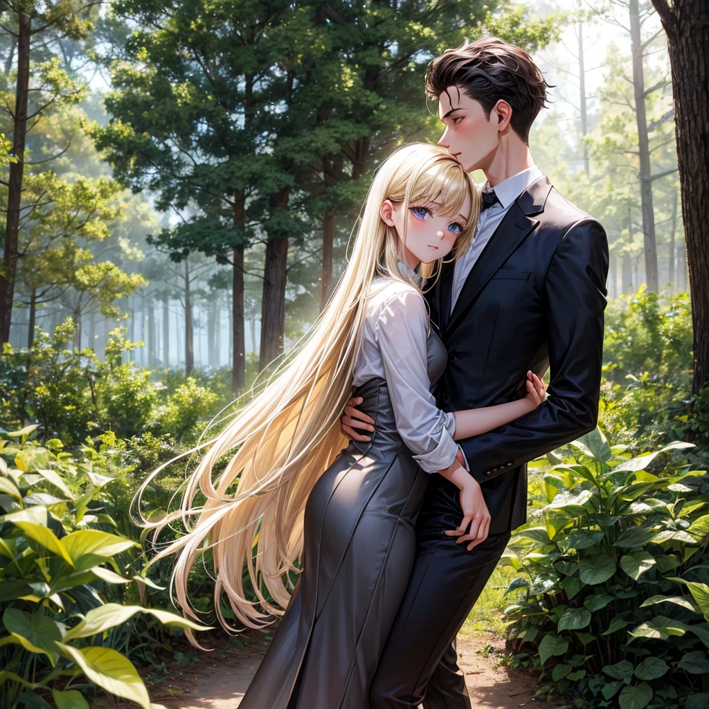 man and woman, Youths,sitting on the grass, relaxed, BLACK HAIR MAN, man in formal clothes, white auras, woman long blonde hair, attractive woman, casual clothes, in a park, detailed, anime style, sunny