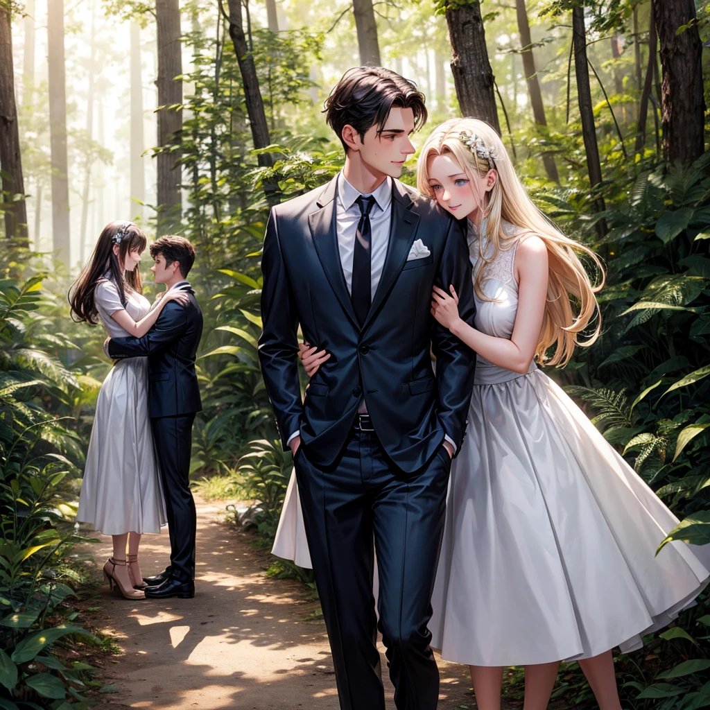 Tall dark-haired boy in suit hugging short blonde and white girl in forest