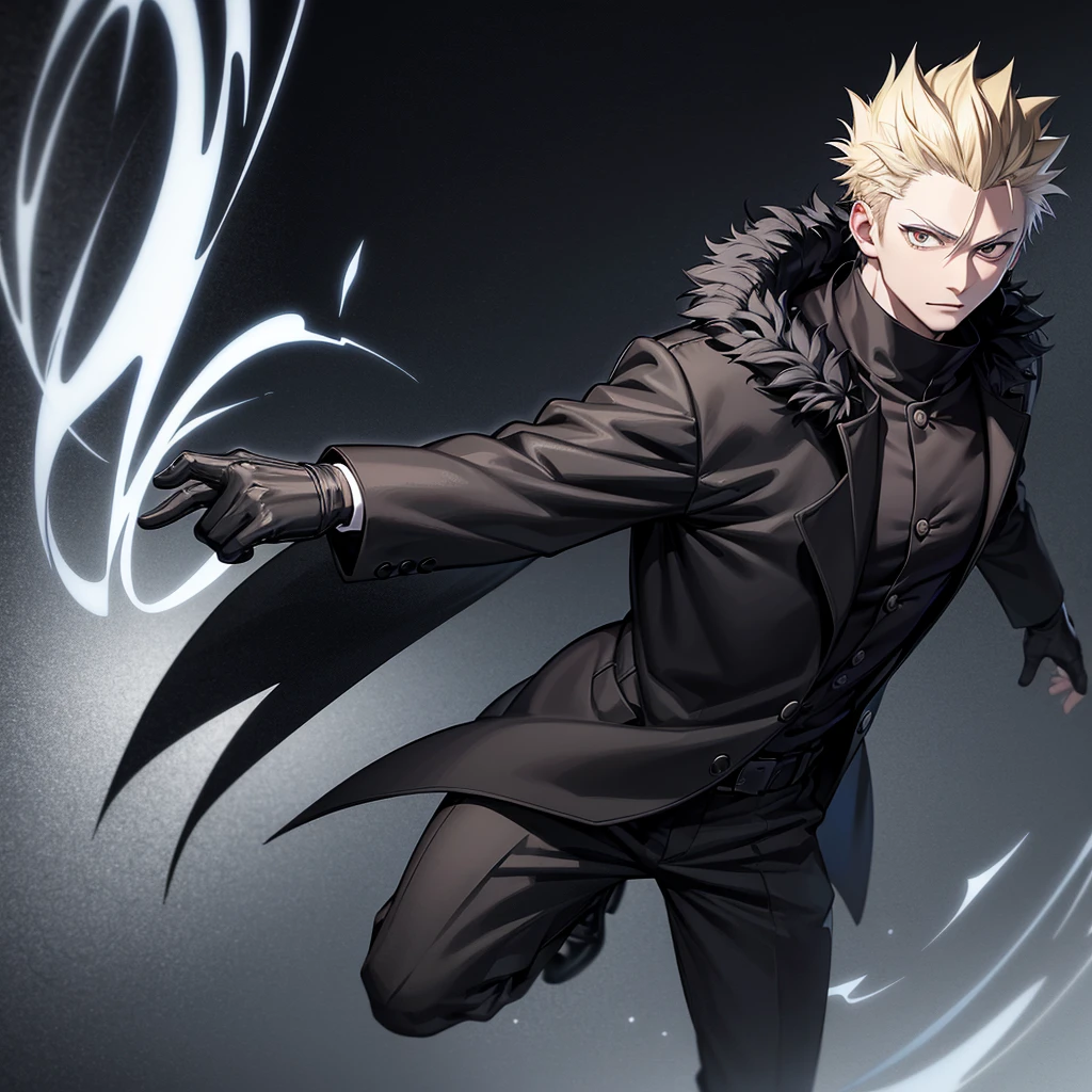 one japanese man, blonde black hair, grey eyes, wearing a black fur coat, jujutsu kaisen background, high res, ultrasharp, masterpiece, jujutsu kaisen style