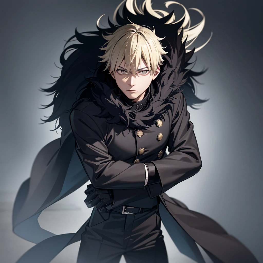 one japanese man, blonde black hair, grey eyes, wearing a black fur coat, jujutsu kaisen background, high res, ultrasharp, masterpiece, jujutsu kaisen style