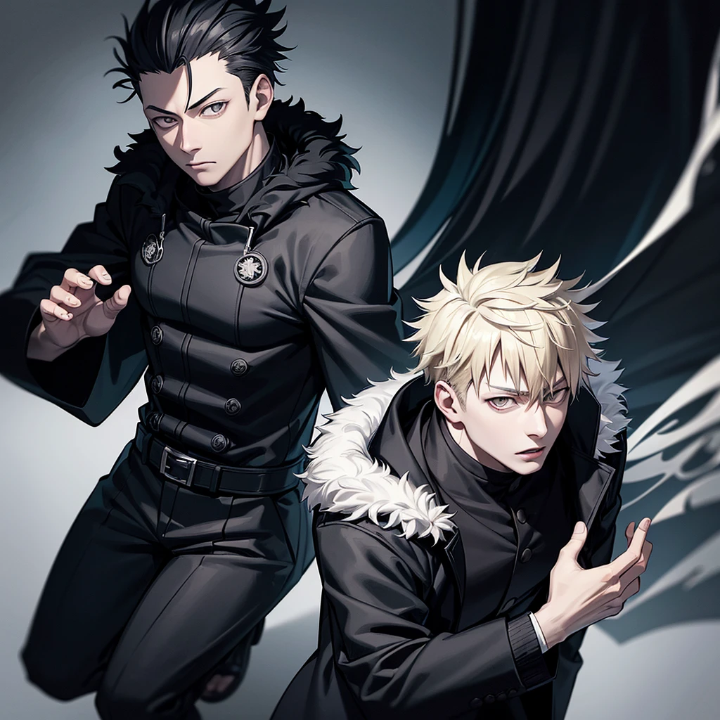 one japanese man, blonde black hair, grey eyes, wearing a black fur coat, jujutsu kaisen background, high res, ultrasharp, masterpiece, jujutsu kaisen style
