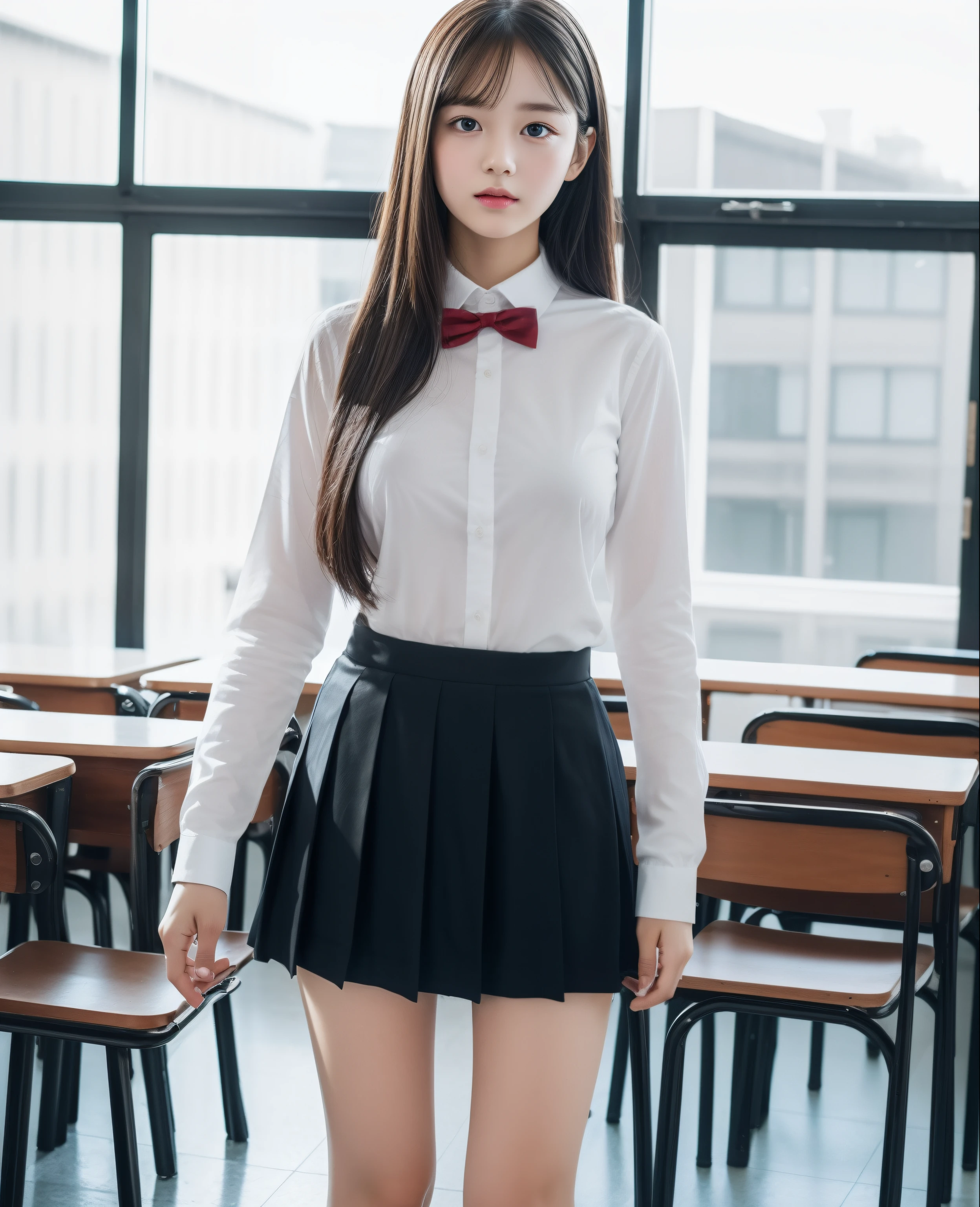 ((Highest quality, 8K, masterpiece: 1.3)), beautiful girl, Pure, Kind and cute, Pure desire, Innocent face, Slender body, (front), ((looking at the camera) ), Huge breasts, Wearing uniform, Short Uniform Skirt, Converse shoes with long white socks that reach down to the knees, Long, black, silky hair, Long, flowing shoulders, Big, round, black eyes, Clear, big eyes, Standing pose, In the classroom, ((((whole body)))),
