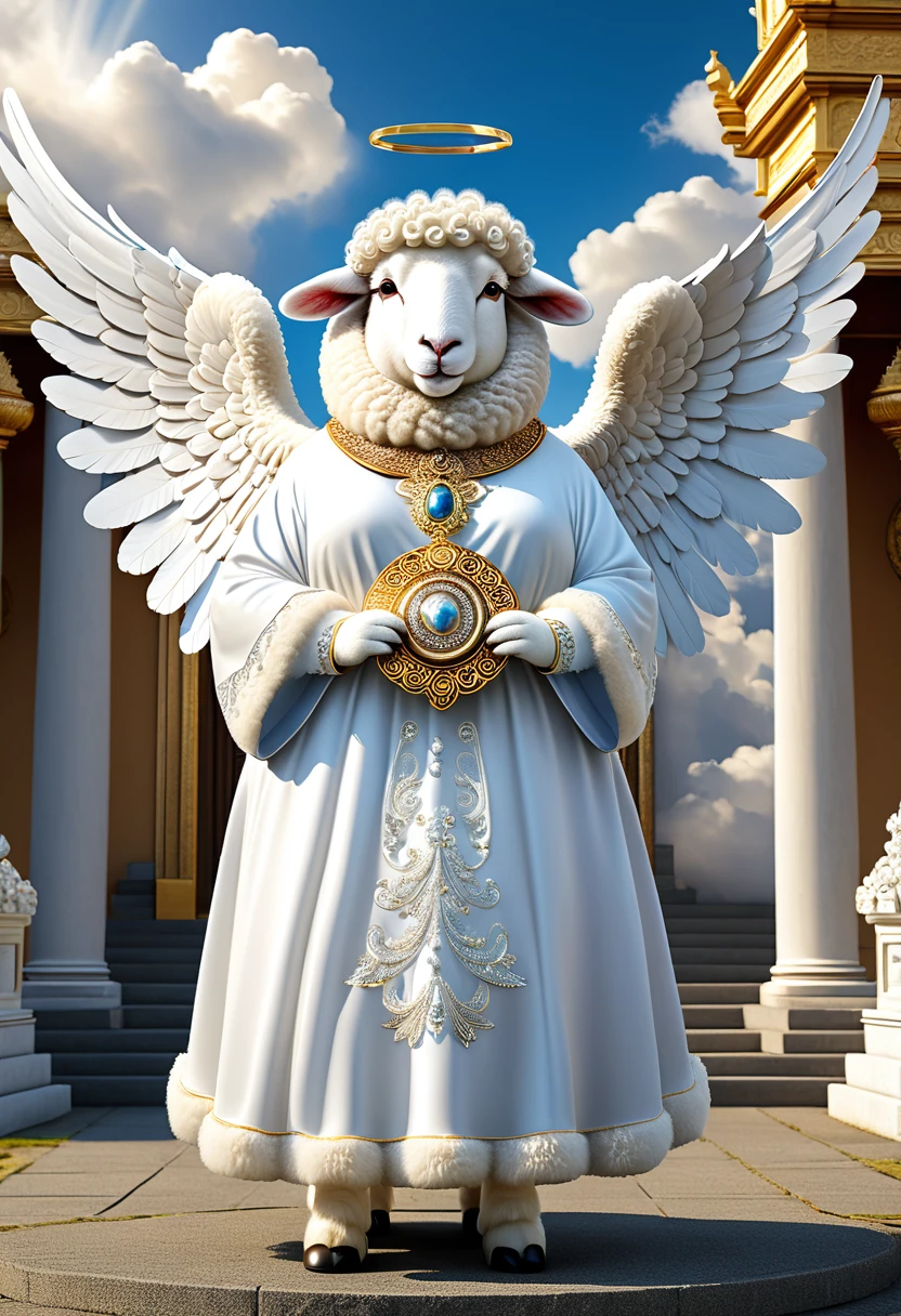 photorealistic portrait of Dressed animals-a ((fat)) ((angora sheep)) angel,(furry:1.5), (elegant pose:1.5), (hands on hips:1.5),(smile:1.5),high quality,(angel wings),(lovely) ,intricate details, Wearing angel clothes , (angel's ring above head), highly detailed ((angel wings)) ,highly detailed decorations of clothes, angel boots , (happy), soft lighting,(full body image:2.0),holy temple background,(clouds),