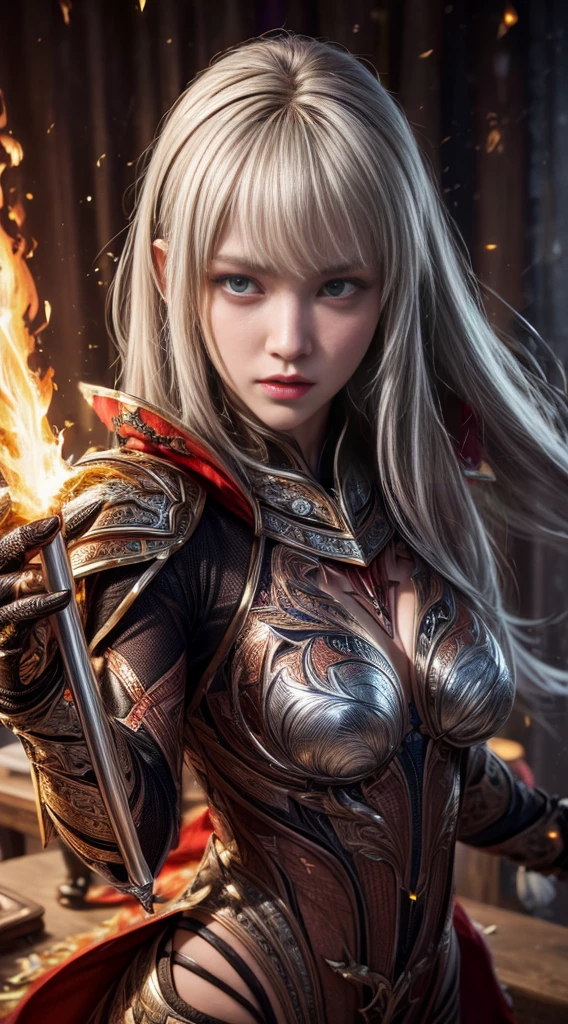 ((Ultra-thin illustration, 8K, Tabletop :1.2, Sharp focus :1.2, Depth of written boundary:1.2)), Beautiful Female Swordsman, Absurd, Highly detailed face and skin texture, Silver Hair, Jet Black Armor, Flame Armor, Cloak on Fire, Flaming Sword, Determination to overcome sadness, There is a sign of determination in your kind eyes , Strong Soul