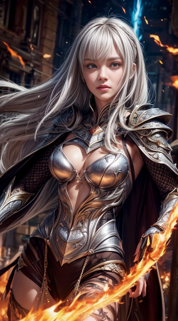 ((Ultra-thin illustration, 8K, Tabletop :1.2, Sharp focus :1.2, Depth of written boundary:1.2)), Beautiful Female Swordsman, Absurd, Highly detailed face and skin texture, Silver Hair, Jet Black Armor, Flame Armor, Cloak on Fire, Flaming Sword, Determination to overcome sadness, There is a sign of determination in your kind eyes , Strong Soul