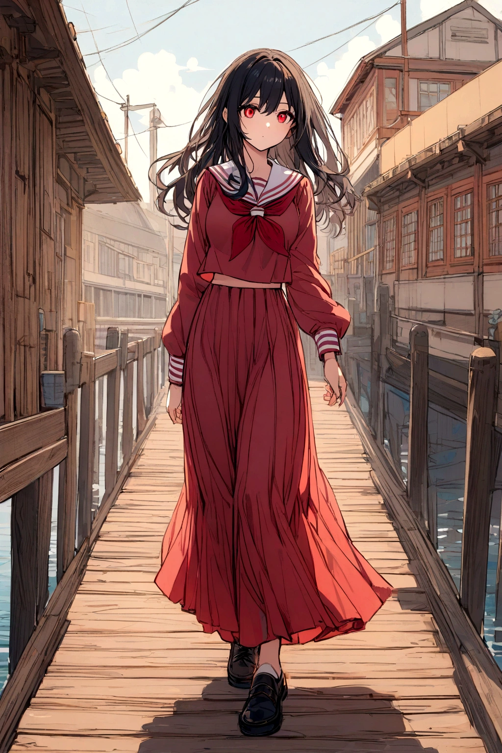 A girl with black hair and red eyes dressed in a sailor fuku long skirt as she walks along the pier towards her high school.