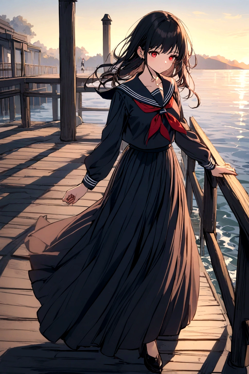 A girl with black hair and red eyes dressed in a sailor fuku long skirt as she walks along the pier towards her high school. 