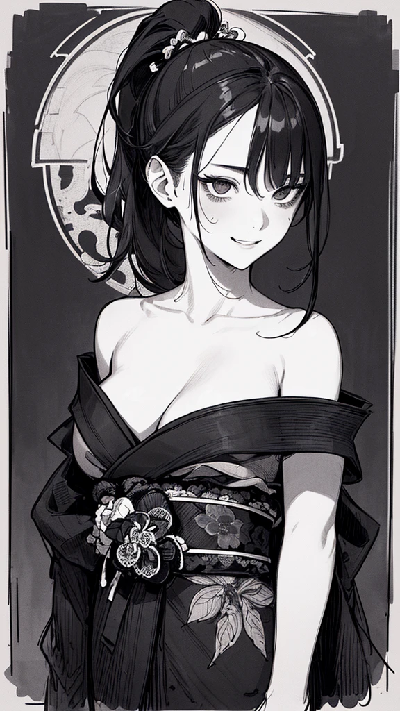 score_9, score_8_up, score_7_up, score_6_up, uncensored, SayoLOR, tattoo on body, black hair, hair stick, single hair bun, black eyes, BREAK (masterpiece:1.2), best quality, high resolution, (detailed eyes:1.3), perfect lighting, (perfect hands, perfect anatomy), large breasts, black kimono, cleavage, bare shoulders, standing, heart hands, looking down, bored expression