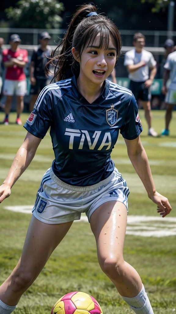 Highest quality, High resolution:1.2, Super detailed, Realistic:1.3, ((Beautiful woman))、Ultra tight uniform、Big Breasts、Vibrant colors, play soccer,((blunt bangs))、Has bangs、Wet Hair, Concentration, Splash, Action Shots, Grass blotches, Muddy ground, Wet turf, Decide, Fast-paced games, Athletic physique, Shiny soccer ball, Wet Uniform, raindrop, Blurred motion, Focus on the ball, Intense competition, Skillful dribbling, Energetic play, Teamwork, powerful shoots, Wet pitch, Passionate sports, Fierce Decide, Humid atmosphere, Fluid movement, emotional expression, Difficult conditions, Dramatic lighting, Women's Sports, Avid athletes, Exciting Games, endure, Excited state, Speed and agility, Energetic play, 濡れたSplash、smile、