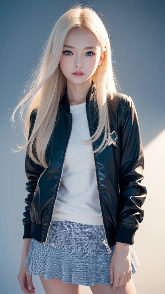 (((open jacket、mini skirt、White background、Cowboy Shot)))、forehead、Northern Europe、Russia、beautiful girl、Platinum Blonde Hair、Straight long hair、Hitting the face and front of the eyes、Big blue eyes、Northern Europeの若者、Glowing Skin、Young and beautiful skin、A perfect and beautiful little face、Bright makeup、Pale pink lips、Bright expression、16-year-old girl、lipstick、Golden Hour Lighting、Bokeh Atmosphere Perspective、detailed、Movie Light、複雑なdetailed、High resolution、 フェイスデザインのdetailedな特徴、Attention to detail