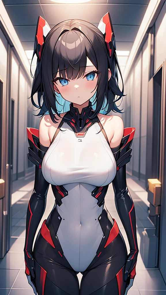 (Highly detailed CG Unity 16k wallpaper,masterpiece, Biological, whole body),(Best lighting, Best Shadow, Very delicate and beautiful),(One girl),blue eyes, Big Breasts, Black Hair,Red and black off-the-shoulder revealing high-cut SF ハイレグ型bodysuit,Neck Seal,High-tech sci-fi corridor, Dynamic pose, Detailed Machinery, Sleek design.,My crotch is wet, {{An extraterrestrial lifeform preys on girls and takes their place、Her breasts are bigger than a real girl's、Suitable for the mother}}, Unknown sensation, Feels good, Vigorous movement, more, instinct, Female fall, Bouncing chest, loose, loose, Next to a real girl skeleton, NSFW
