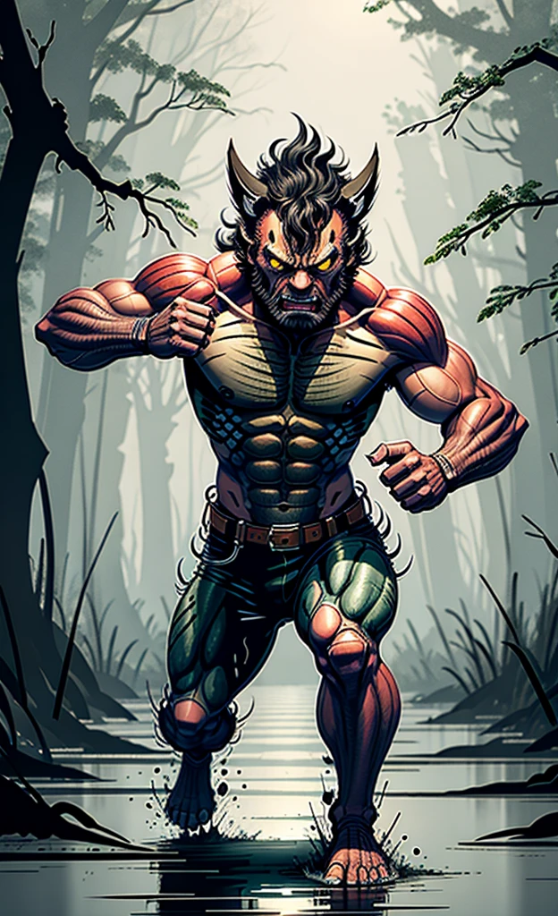 Wolverine running away in the swamp