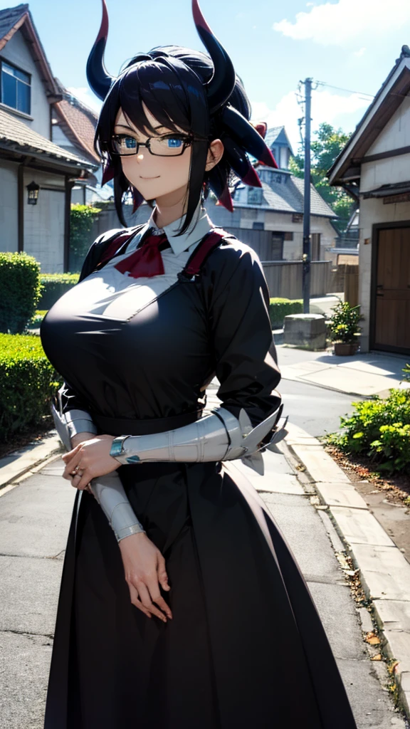 (masterpiece, best quality:1.2),1girl,mature female,pale skin,huge breasts:1.49,dragonmaid house, house dragonmaid, yugioh, short hair, black hair, (blue eyes:1.5),(black dress with a white arpon:1.2), eye details,teasing smile, clean detailed anime art,high resolution, (perfect hands, perfect anatomy),wear eye glasses, anime style, dragon horn on head,tight clotches,