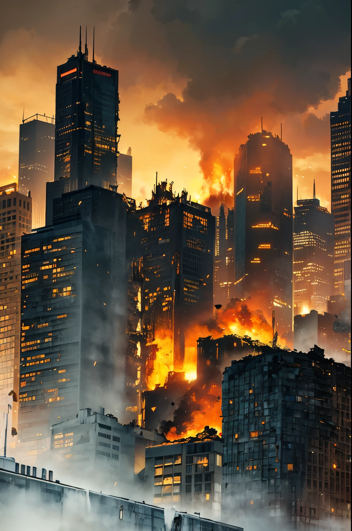 Content:
A city in the throes of destruction, engulfed in flames. Buildings are collapsing, with debris scattered across the streets. The sky is filled with thick, dark smoke, casting an ominous shadow over the entire scene. Fire hydrants and streetlights are bent or broken, and the roads are cracked and torn apart.
Medium:
Digital art, concept illustration.
Style:
Post-apocalyptic, detailed urban destruction.
Lighting:
Dramatic, with intense contrasts created by the bright, raging flames against the dark, smoky sky. Flickering firelight illuminates the scene with eerie, unpredictable shadows.
Colours:
A palette dominated by fiery reds, oranges, and yellows from the flames, contrasted with the dark greys and blacks of the smoke and ruined buildings. Occasional flashes of metallic colors from destroyed vehicles and infrastructure.
Composition:
A low-angle shot capturing the scale of the destruction, giving the perspective of looking up at the towering buildings as they crumble into the inferno. The foreground features rubble and remnants of everyday life, while the background is dominated by towering buildings engulfed in flames. The perspective emphasizes the height and vastness of the city, creating a sense of overwhelming chaos and instability.
