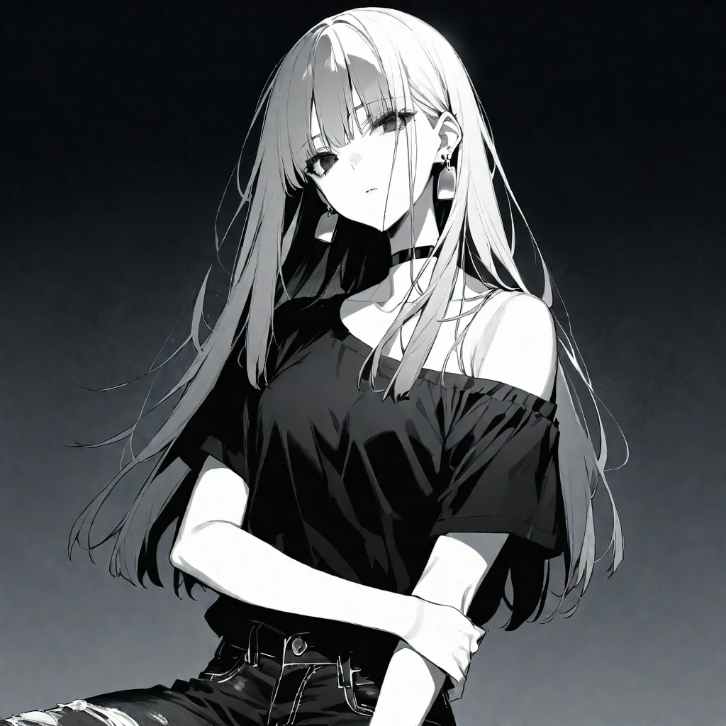solo, handsome, monochrome,
1. Female,
Hime cut,Straight Hair,long Hair,
BLACKhair,
Nakano Yotsuba,
BLACK Eyes,Soft look,beautiful,beautiful,Sexy,Darkness,Lots of silver earrings,choker,
black Off Shoulder, black shirt, Short sleeve ,Distressed jeans,
skin,
BLACK background,