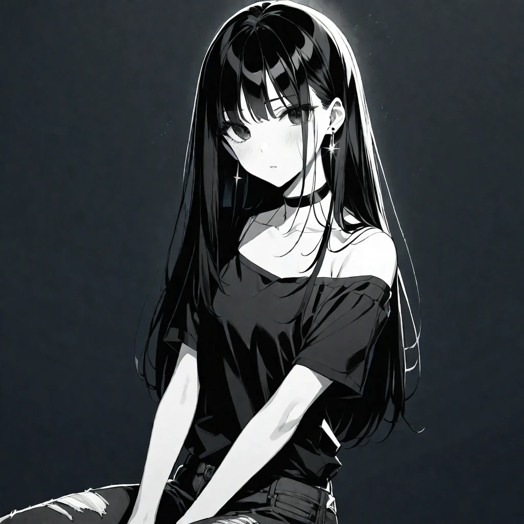 solo, handsome, monochrome,
1. Female,
Hime cut,Straight Hair,long Hair, 
BLACKhair, 
Nakano Yotsuba,
BLACK Eyes,Soft look,beautiful,beautiful,Sexy,Darkness,Lots of silver earrings,choker,
black Off Shoulder, black shirt, Short sleeve ,Distressed jeans,
skin,
BLACK  background,