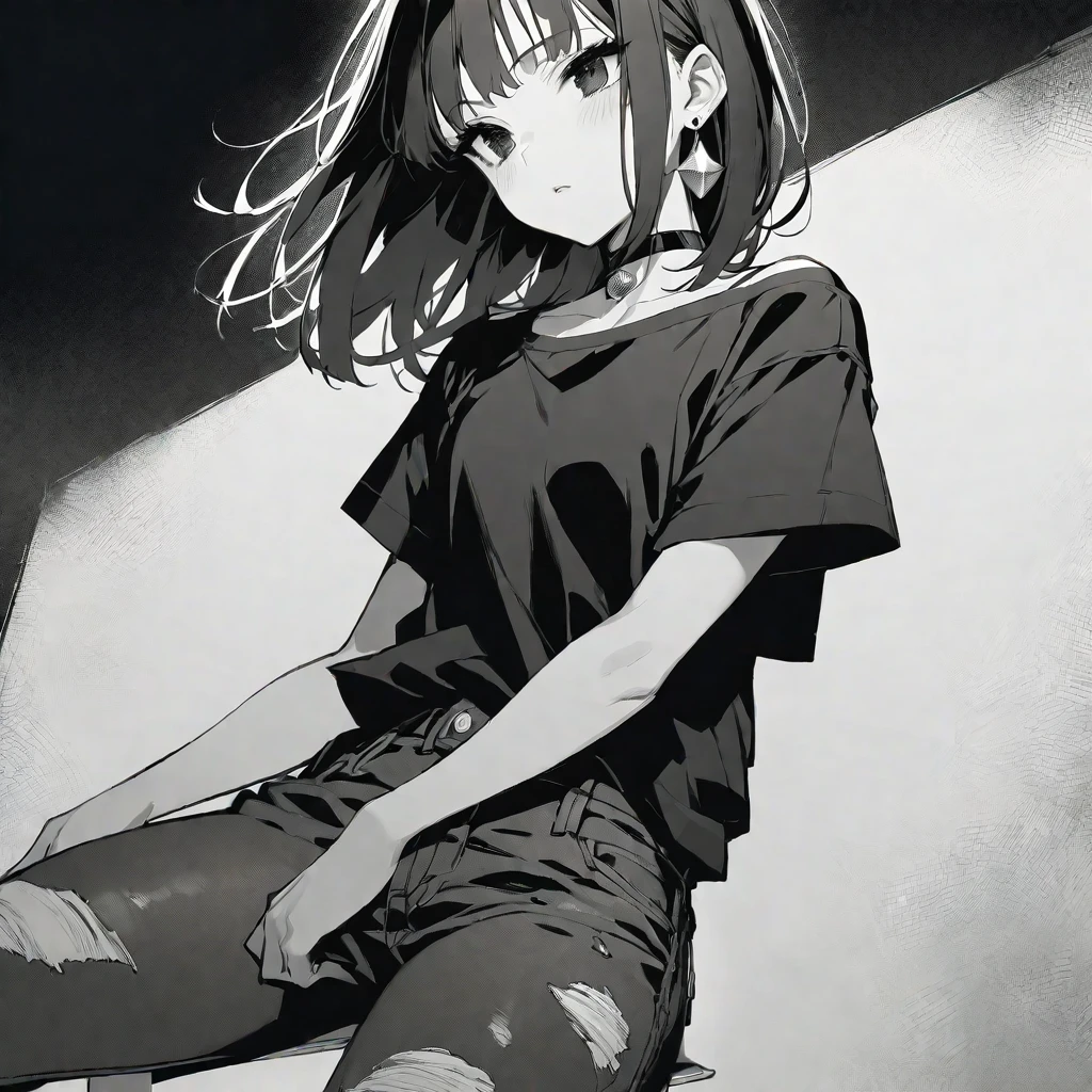 solo, handsome, monochrome,
1. Female,
Hime cut,Straight Hair,long Hair,
BLACKhair,
Nakano Yotsuba,
BLACK Eyes,Soft look,beautiful,beautiful,Sexy,Darkness,Lots of silver earrings,choker,
black Off Shoulder, black shirt, Short sleeve ,Distressed jeans,
skin,
BLACK background,
