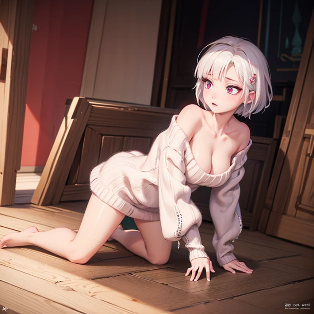 ((best quality)), ((masterpiece)), (detailed), 1girl, off-shoulder sweater, bottomless. white hair. Short hair. Pink eyes. Cleavage. 