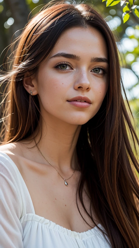 Unity 8K wallpaper, Extremely detailed, (Soft colors:1.3), The background is a black fantasy deep forest, beautiful and aesthetic, 1 girl,Delicate facial features, long blond hair blowing in the wind, Sparse eyebrows, Sharp blue eyes, a smile on her lips, Medium sized breasts, Wearing a white dress, The spotlight is only on the characters,Detailed face,Detailed eyes,Detailed mouth,Detailed nose,