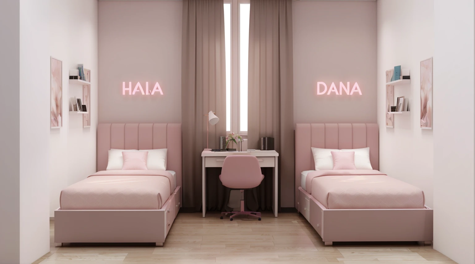 2
there are two beds in a room with a desk and a chair, a 3D render by Galen Dara, featured on behance, dau-al-set, dall-e 2, dall - e 2, hana alisa omer, dall - e, with soft pink colors, with names, realistic 3 d style, brightly lit pink room, liana