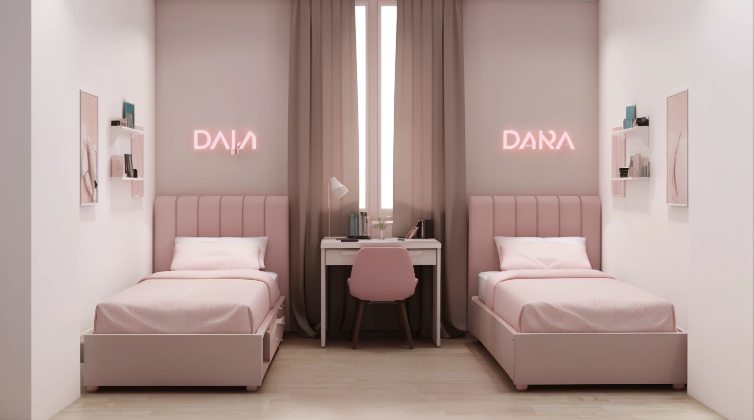 2
there are two beds in a room with a desk and a chair, a 3D render by Galen Dara, featured on behance, dau-al-set, dall-e 2, dall - e 2, hana alisa omer, dall - e, with soft pink colors, with names, realistic 3 d style, brightly lit pink room, liana
