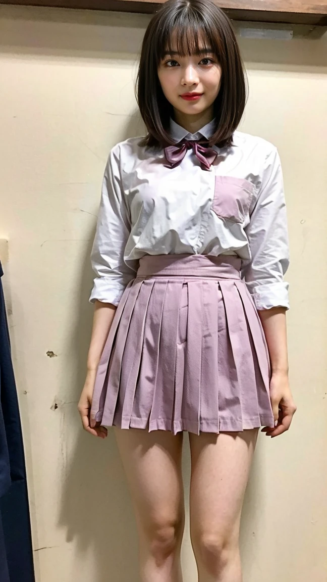 Japanese beautiful girl、18-year-old high school student、Small breasts、Beautiful cherry-colored areola、Erect nipples、Narrow waist、Shaved, Looking down,A revealing sailor suit 、She has her clothes open and her breasts exposed、Her clothes are open, exposing her breasts、Short pleated skirt, Ultra mini skirt、片feetで立つ, kick, feet,how, No underwear, Striped pussy、Completely naked、smile