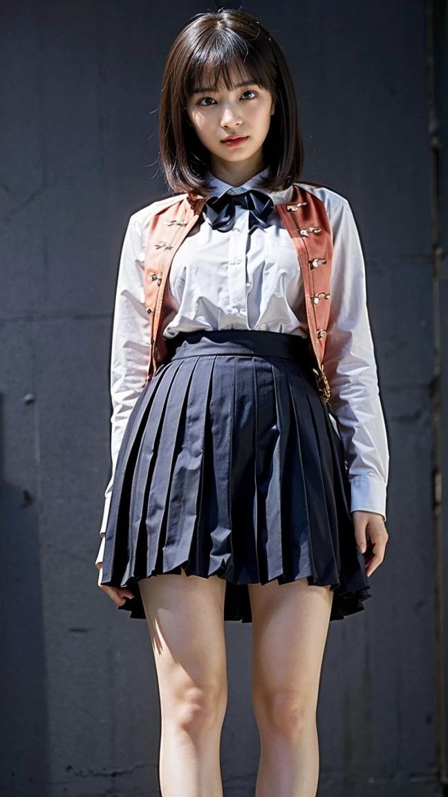 Japanese beautiful girl、18-year-old high school student、Small breasts、Beautiful cherry-colored areola、Erect nipples、Narrow waist、Shaved, Looking down,A revealing sailor suit 、She has her clothes open and her breasts exposed、Her clothes are open, exposing her breasts、Short pleated skirt, Ultra mini skirt、片feetで立つ, kick, feet,how, No underwear, Striped pussy、Completely naked、smile