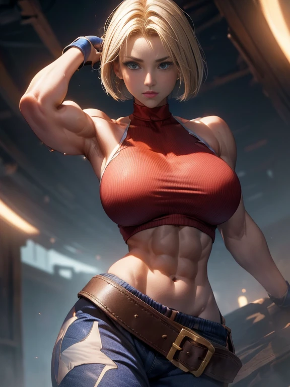 blue＿Marie, ((masterpiece, Highest quality, Best image quality, High resolution, Realistic, RAW Photos, 8K)), ((非常に詳細な CG 統合 8K 壁紙)), (Huge and stunning goddess shot, Very hot and sexy, Incredible beauty, Perfect proportions, Beautiful body, Very muscular body beauty:1.5), Hip Up, Looking down at the viewer, tightly closed mouth,Voluminous bob cut,Platinum blonde hair, Beautiful Eyes, ＦCup Breasts,dove chest , Very thick and muscular thighs ,Trained abdominal muscles,Slim and toned waist,Street Fighter,Fighting game female characters,Dynamic Movement Shoes, Sweaty、Ultra detailed crotch, Very thick and muscular thighs,Thighs that are thicker and more muscular than the waist,Looking up from below,Low - Angle,Detailed armpits ,Ultra-detailed wet skin, Very thick biceps,Thicker arms ,Arms as big as your waist,Very well trained back muscles, Sweaty armpits,Brush your hair up, Very muscular woman , Blurred Background , On a very hot day、Stand with your feet apart, With the right hands and fingers,Thimble gloves