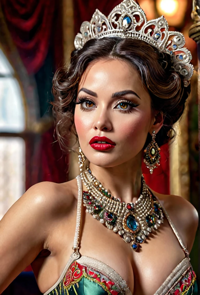 A burlesque dancer in an ornate, dynamic, hyperdetailed and hyperrealistic scene, sexy old style picture, detailed face, beautiful detailed eyes, beautiful detailed lips, extremely detailed face and eyes, long eyelashes, intricate, ornate, voluptuous, elegant, sophisticated, glamorous, dramatic lighting, rich colors, chiaroscuro, cinematic composition, masterpiece, best quality, 8k, highres, photo-realistic, professional, vivid colors, physically-based rendering, extreme detail description