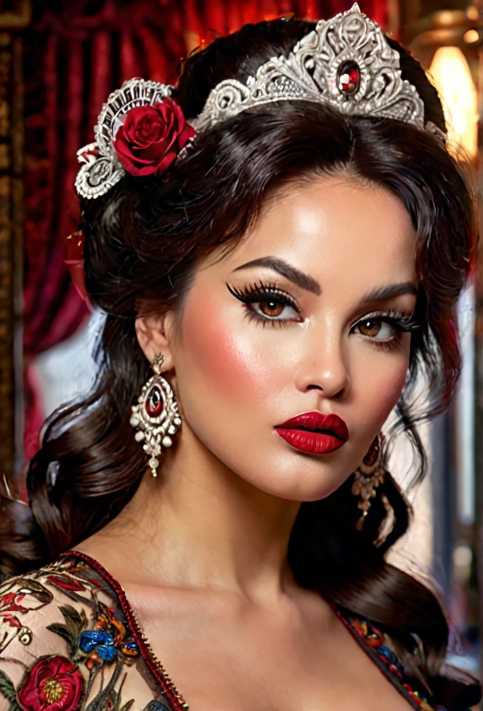 A burlesque dancer in an ornate, dynamic, hyperdetailed and hyperrealistic scene, sexy old style picture, detailed face, beautiful detailed eyes, beautiful detailed lips, extremely detailed face and eyes, long eyelashes, intricate, ornate, voluptuous, elegant, sophisticated, glamorous, dramatic lighting, rich colors, chiaroscuro, cinematic composition, masterpiece, best quality, 8k, highres, photo-realistic, professional, vivid colors, physically-based rendering, extreme detail description