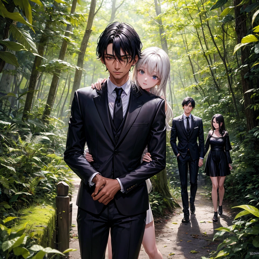 a dark boy, tall black haired man in suit hugging short blonde and white girl in forest