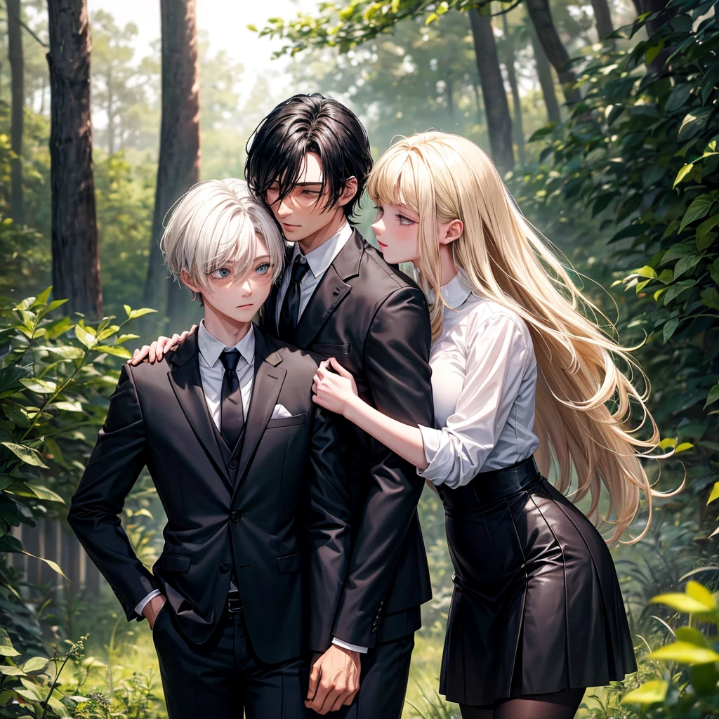 a dark boy, tall black haired man in suit hugging short blonde and white girl in forest