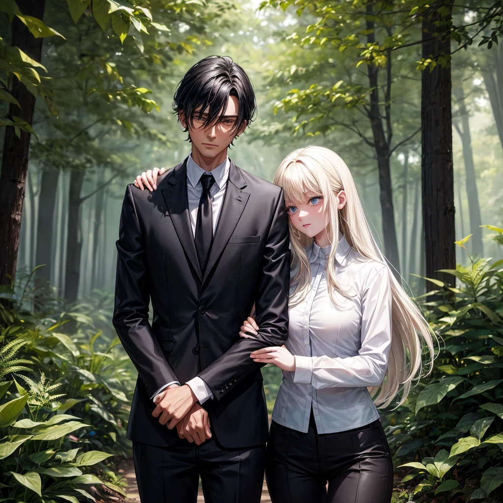 a dark boy, tall black haired man in suit hugging short blonde and white girl in forest