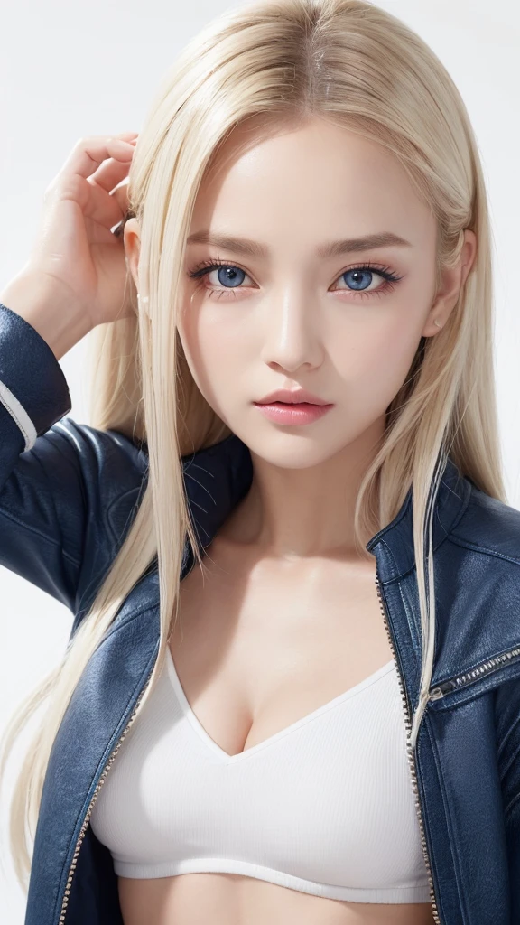 (((open jacket、mini skirt、White background、Cowboy Shot、forehead)))、forehead、Northern Europe、Russia、beautiful girl、Platinum Blonde Hair、Straight long hair、Big blue eyes、Northern Europeの若者、Glowing Skin、Young and beautiful skin、A perfect and beautiful little face、Bright makeup、Pale pink lips、Bright expression、lipstick、Golden Hour Lighting、Movie Light、Intricate details、High resolution、 Detailed features of the face design、Big Breasts